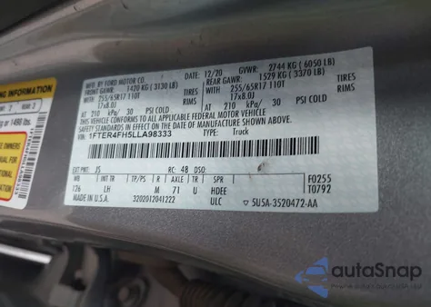 2020 Ford Ranger Xlt из США, поврежденный, VIN 1FTER4FH5LLA98333